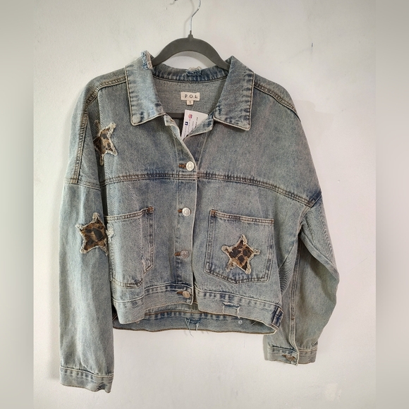 POL Oversized Leopard Star Distressed Denim Jacket - Picture 1 of 5